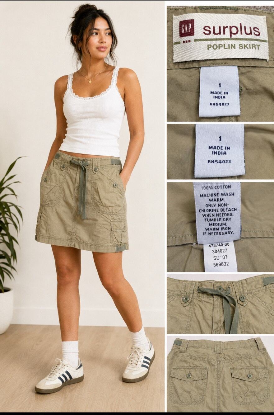 Y2K Gorpcore Indie Gap Surplus Women's Cargo Mini Skirt Sz 1 Olive Green Cotton